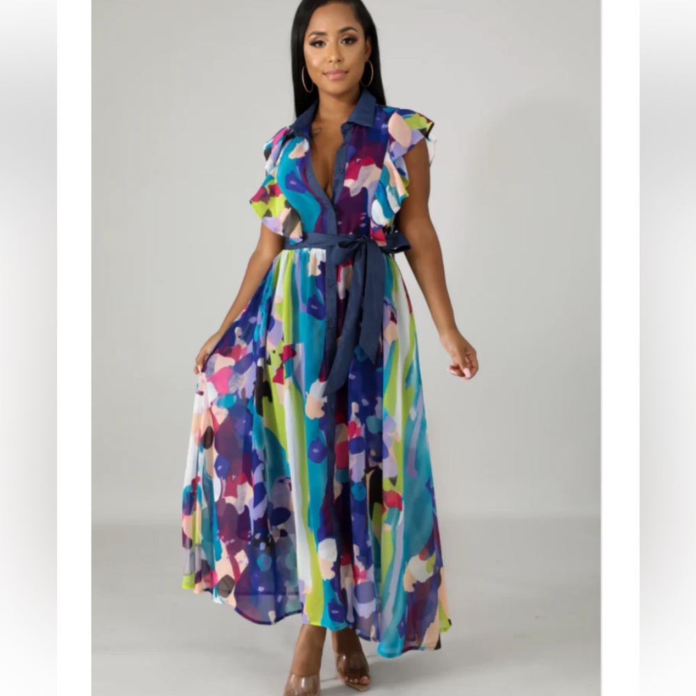Adore Blue and Purple Ruffled Maxi plus size Dress